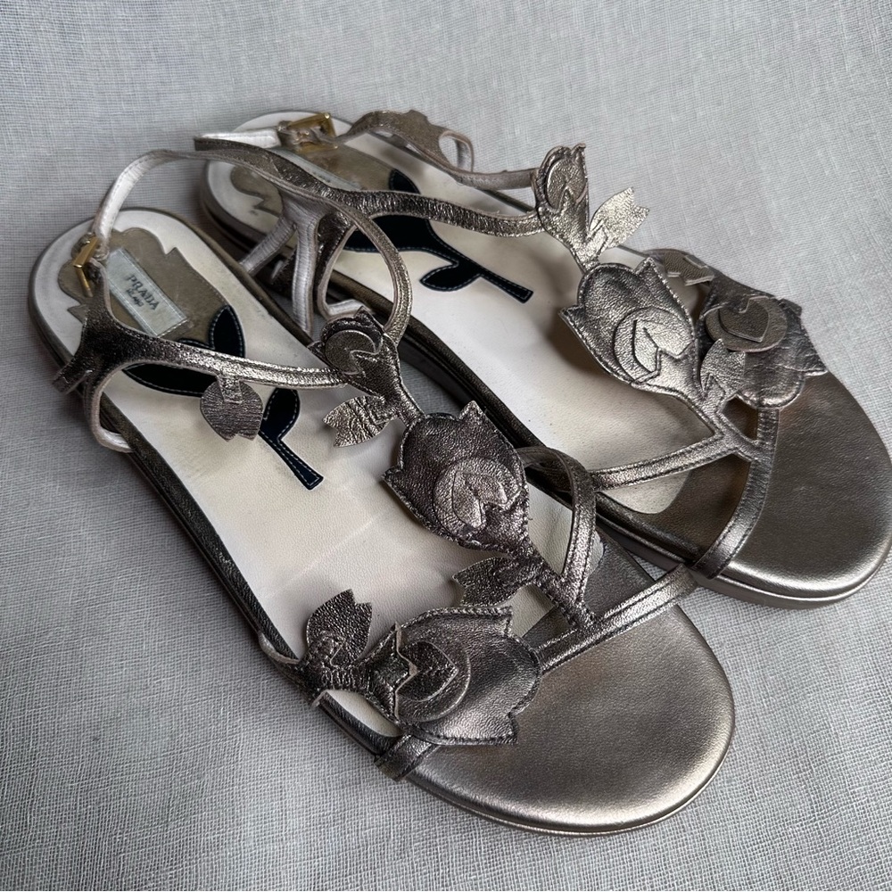 Prada Fairy Bronze Leather Tulip Flat Slides Size 37.5